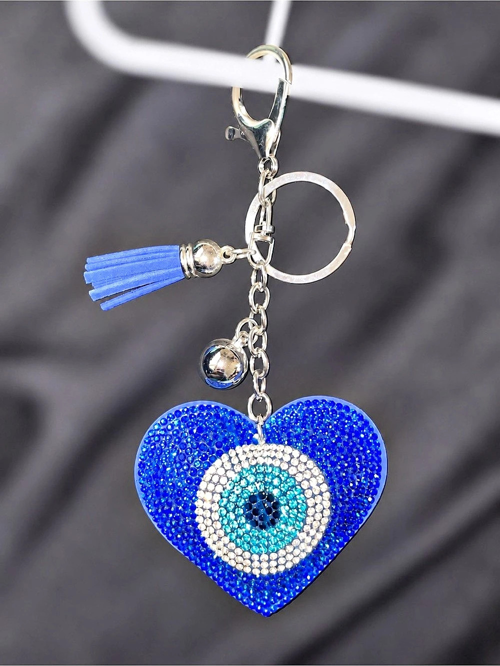 Blue Crystal Evil Eye Heart Rhinestone Tassel Keychain